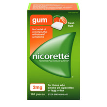 Load image into Gallery viewer, Nicorette Gum, Stop Smoking Aid, For Those Who Smoke 25 Cigarettes or Less A Day, 2mg, Fresh Fruit - 105 pieces