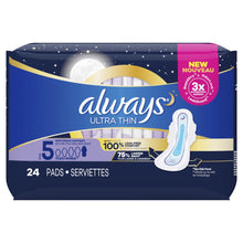 Load image into Gallery viewer, Always Ultra Thin Size 5 Extra Heavy Overnight Pads with Wings, Unscented - 24 pads