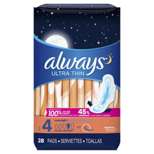Load image into Gallery viewer, Always Ultra Thin Size 4 Overnight Pads with Wings, Unscented - 28 pads