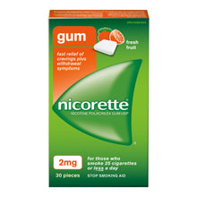 Load image into Gallery viewer, Nicorette Gum, Stop Smoking Aid, For Those Who Smoke 25 Cigarettes or Less A Day, 2mg, Fresh Fruit - 30 pieces