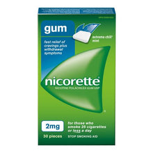 Load image into Gallery viewer, Nicorette Gum, Stop Smoking Aid, For Those Who Smoke 25 Cigarettes or Less A Day, 2mg, Extreme Chill Mint - 30 pieces