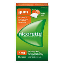Load image into Gallery viewer, Nicorette Gum, Stop Smoking Aid, For Those Who Smoke More Than 25 Cigarettes or Less A Day, 4 mg,Fresh Fruit - 30 pieces