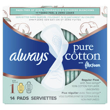 Load image into Gallery viewer, Always Pure Cotton with FlexFoam Size 1 Regular Flow Pads with Wings, Unscented - 14 pads