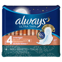 Load image into Gallery viewer, Always Ultra Thin Size 4 Overnight Pads with Wings, Unscented - 14 pads