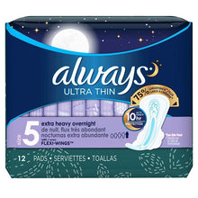 Load image into Gallery viewer, Always Ultra Thin Size 5 Extra Heavy Overnight Pads with Wings, Unscented - 12 pads