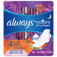 Load image into Gallery viewer, Always Radiant with FlexFoam Size 4, Overnight Pads with Wings, Light, Clean Scent - 10 pads