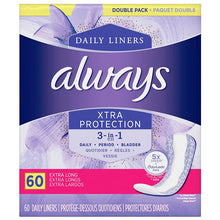 Load image into Gallery viewer, Always Daily Liners Xtra Protection 3-in-1 Daily, Period, Bladder, Extra Long - 60 liners