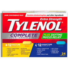 Load image into Gallery viewer, Tylenol Extra Strength Complete Cold, Cough, & Flu Plus Daytime Mucus Relief, Daytime & Nighttime - 24 caplets