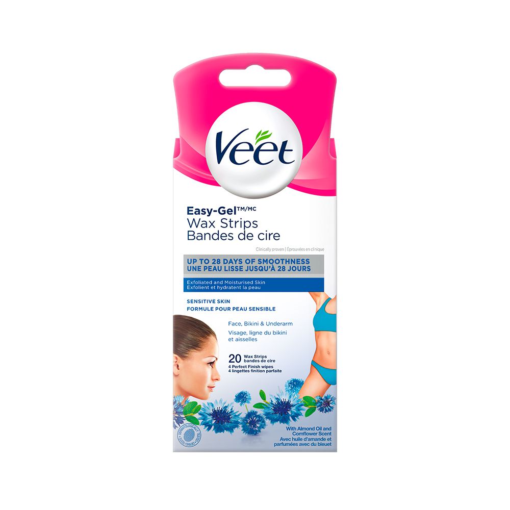 Veet Easy-Gel Wax Strips for Face, Bikini, and Underarm, Sensitive Skin - 20 wax strips, 4 Perfect Finish wipes