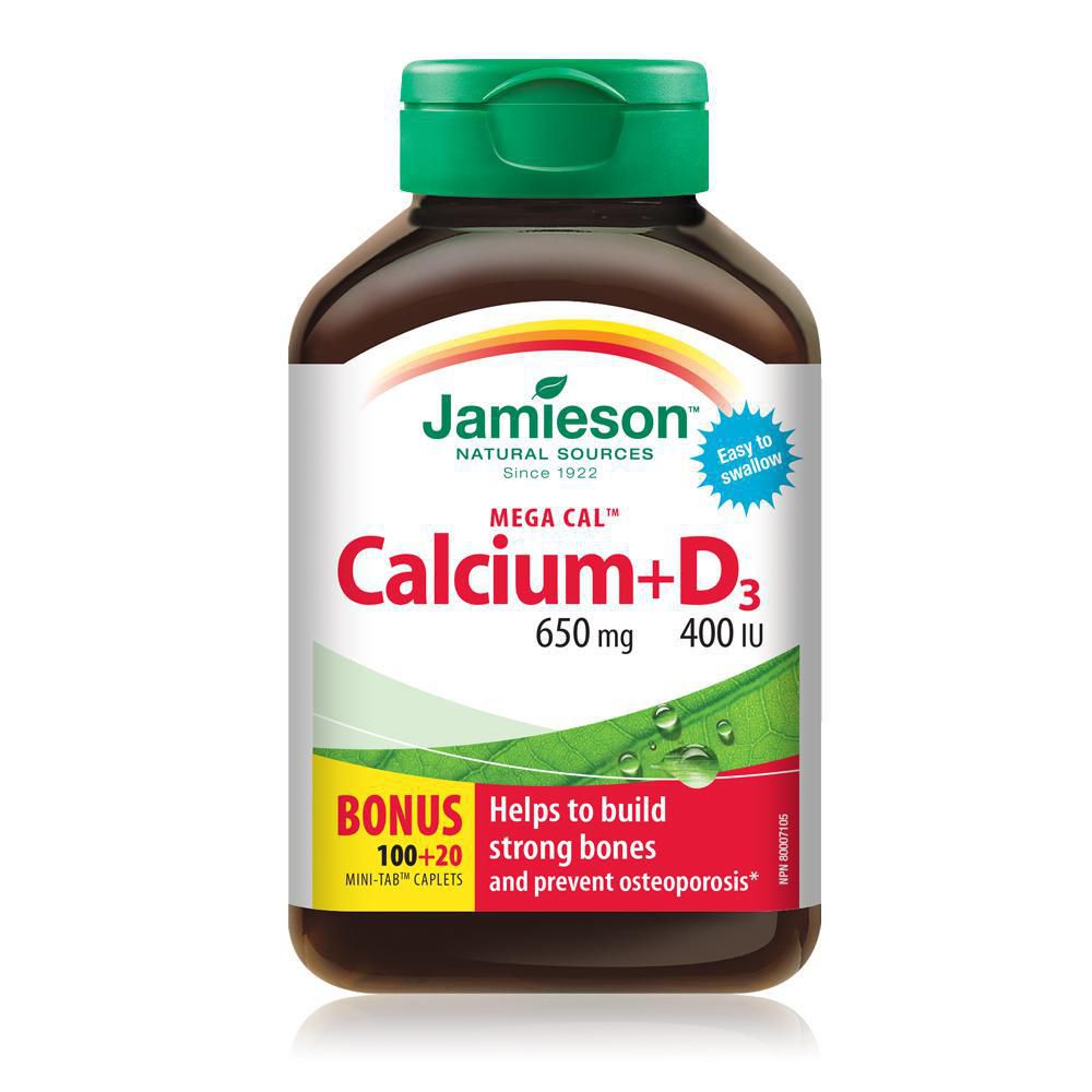 Jamieson Mega Cal Calcium 650 mg + Vitamin D3 400 IU - 120 mini-tab caplets