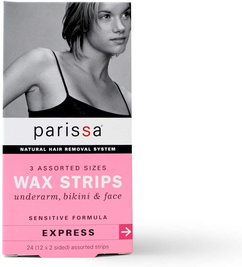 Parissa Natural Hair Removal System, 3 Assorted Sizes Wax Strips for Underarm, Bikini, & Face, Sensitive Formula - 24 (12 x 2 sided) assorted strips