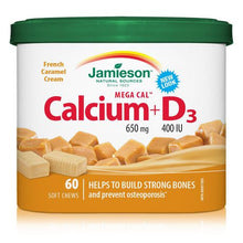 Load image into Gallery viewer, Jamieson Mega Cal Calcium 650 mg + D3 400 IU, French Caramel Cream - 60 soft chews
