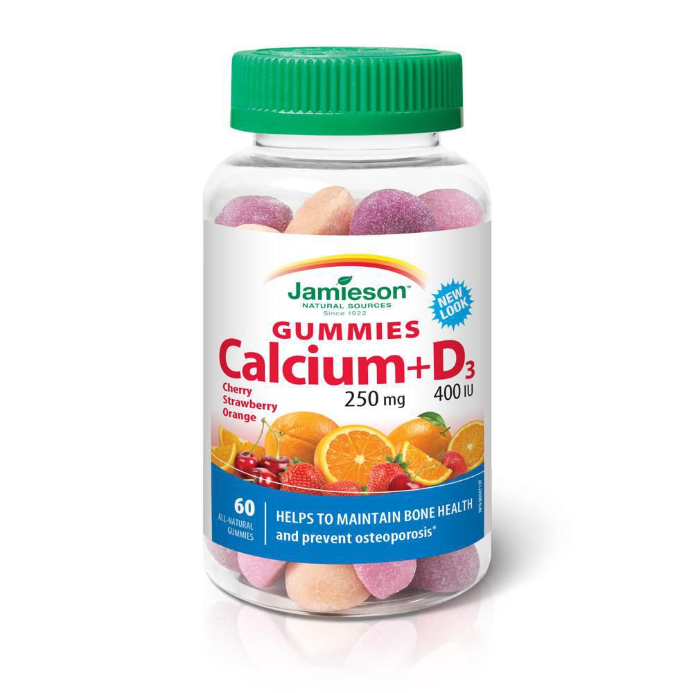 Jamieson Gummies Calcium 250 mg + D3 400 IU, Cherry, Strawberry, Orange - 60 all-natural gummies