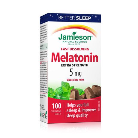 Jamieson Fast Dissolving Melatonin Extra Strength, 5 mg, Chocolate Mint - 100 sublingual tablets