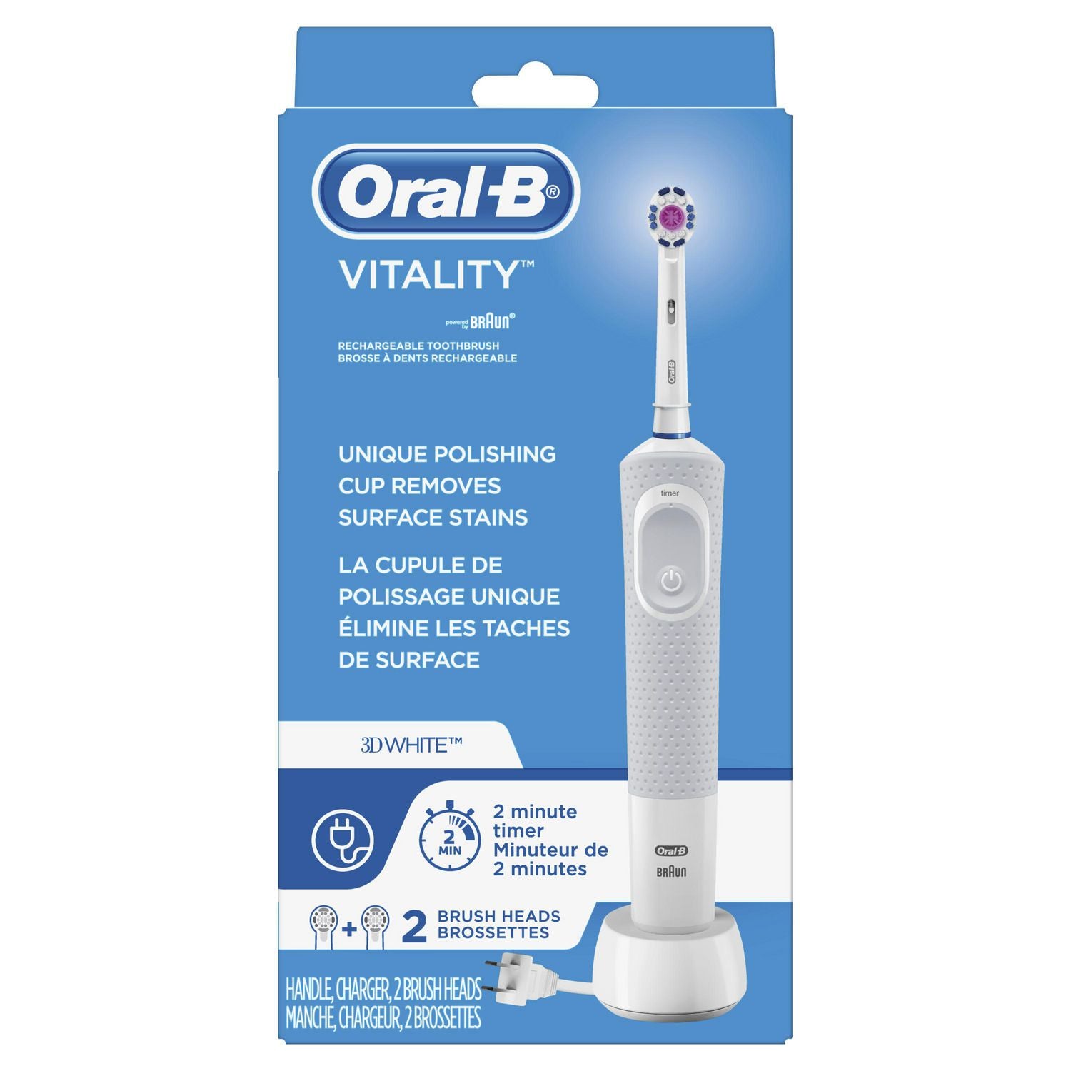 Oral-B Vitality Rechargeable Toothbrush - 1 handle, 1 charger, 2 brush heads