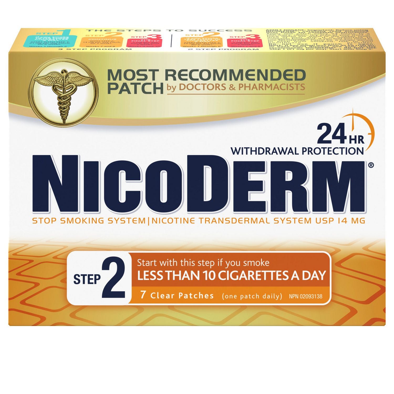 NicoDerm Step 2: Start with this step if you smoke less than 10 cigarettes a day - 14 mg x 7 clear patches