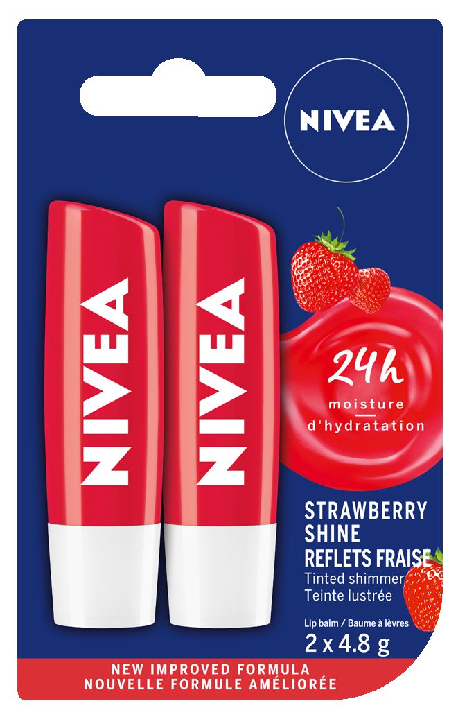 Nivea 24-Hour Moisture Tinted Lip Balm Sticks, Duo Pack, Strawberry Shine - 2 x 4.8 g