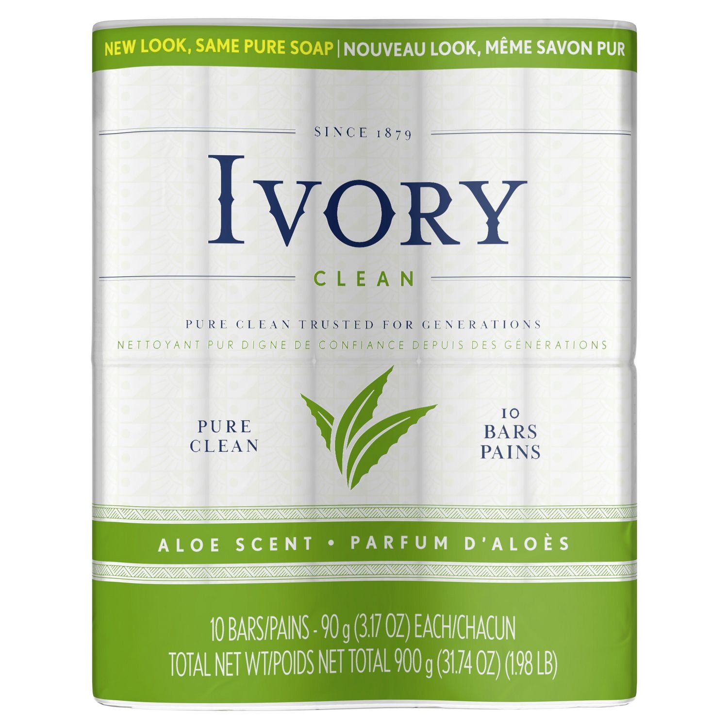 Ivory Clean Pure And Clean, 99.44% Pure, Aloe Scent, 10 Bars - 90 g  each 