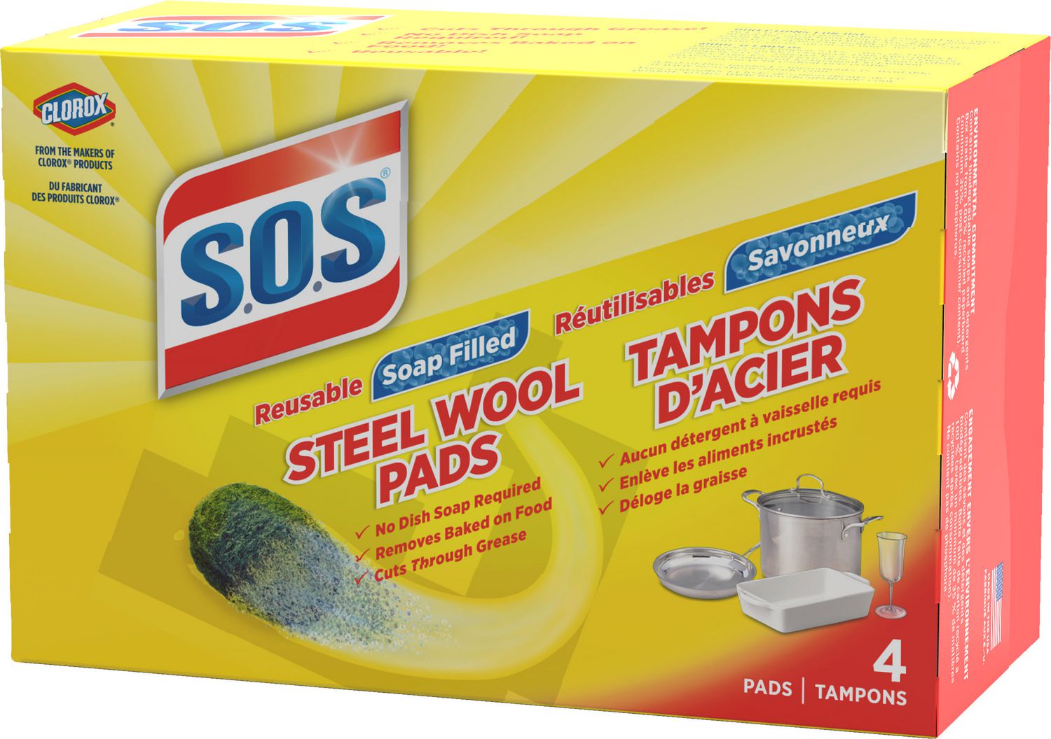 SOS Reusable Soap Filled Steel Wool Pads, 4 Pads