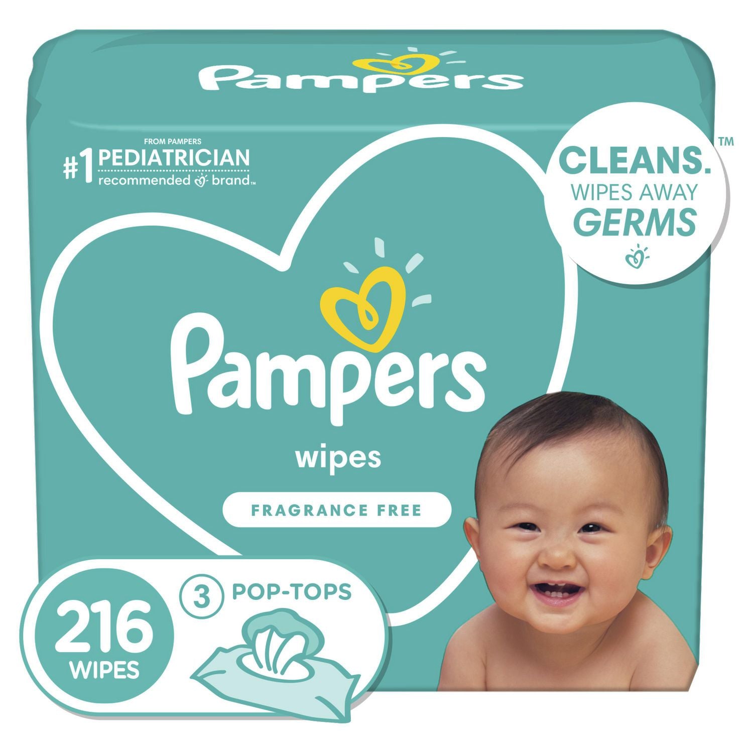 Pampers Baby Wipes Fragrance Free - 3 pop-tops (216 wipes total)