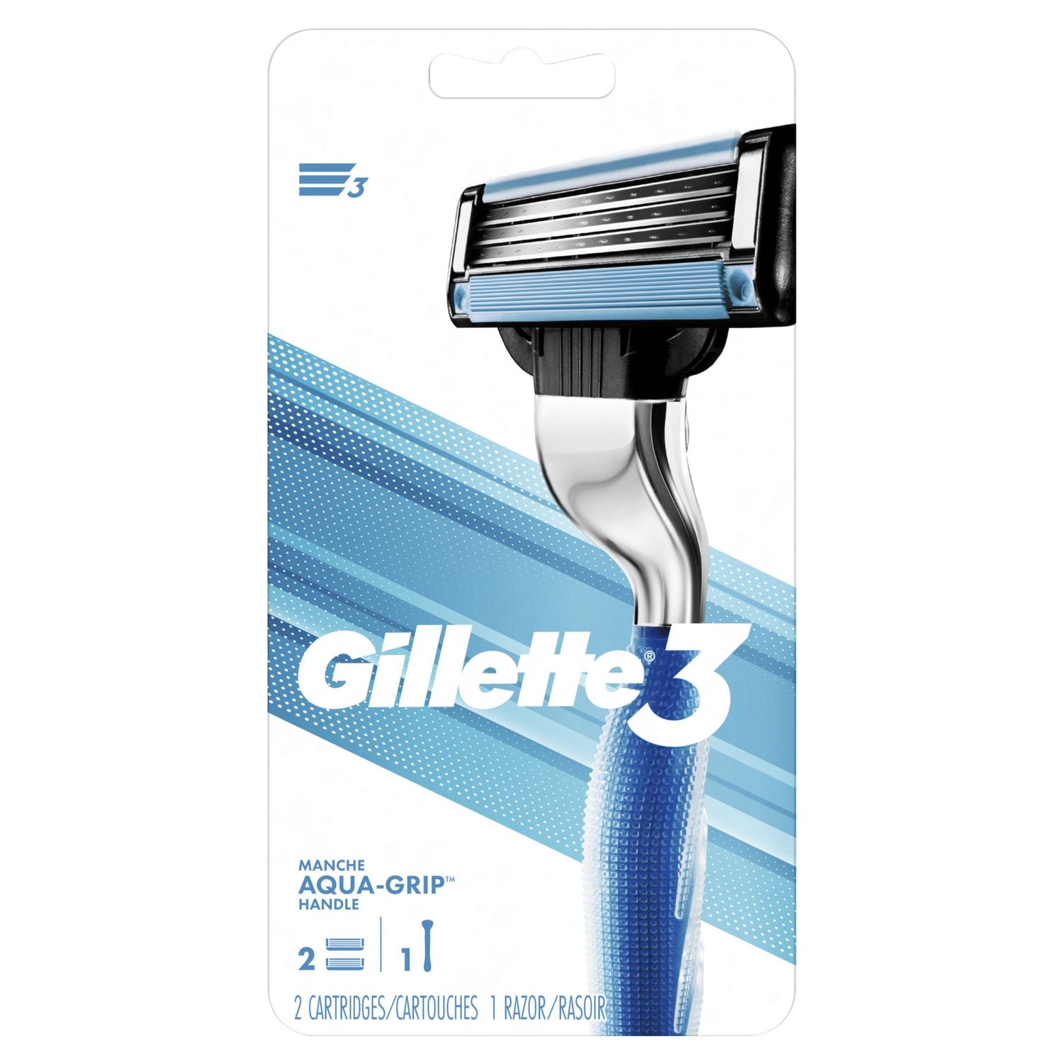 Gillette3 Razor with Aqua Grip Handle - 1 razor, 2 cartridges