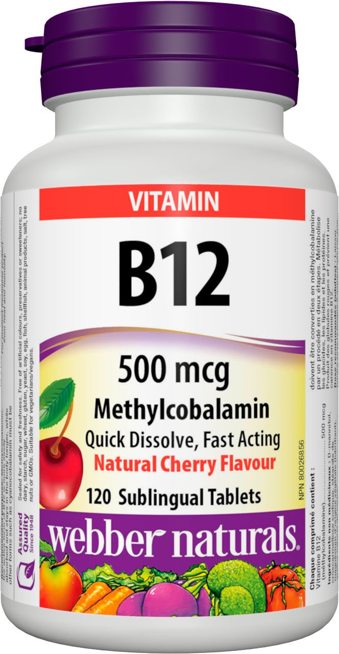 Webber Naturals Vitamin B12 Methylcobalamin 500 mcg, Natural Cherry Flavour - 120 sublingual tablets