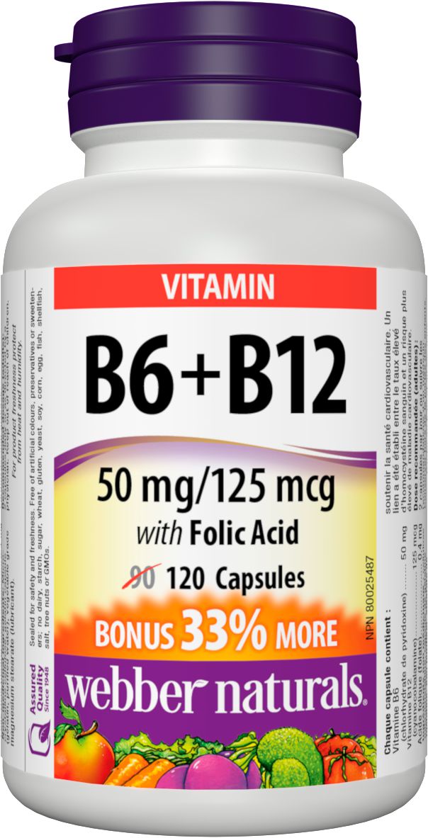 Webber Naturals Vitamin B6 + B12  50 mg/125 mcg with Folic Acid - 120 capsules