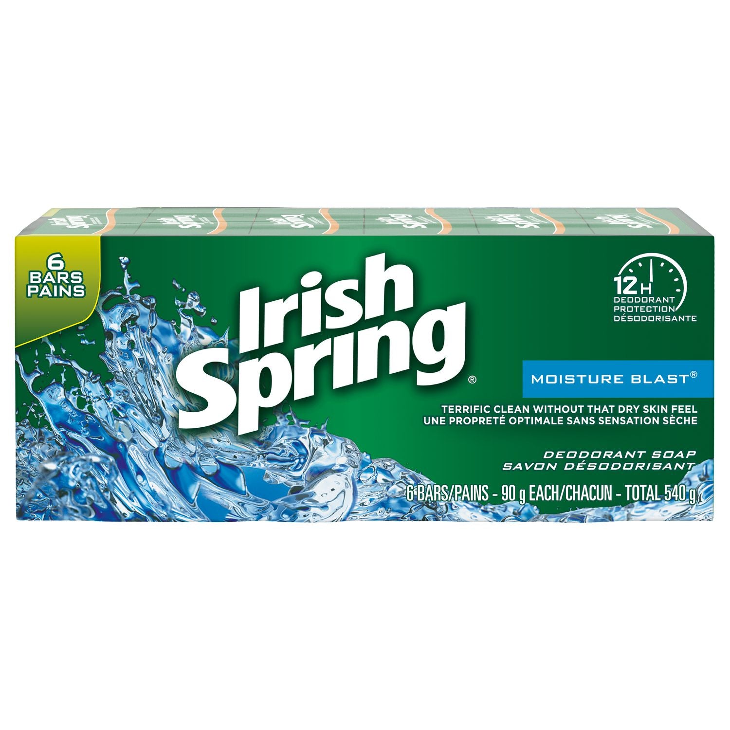 Irish Spring Deodorant Soap, 12H Deodorant Protection, Moisture Blast,  6 Bars - 90g each