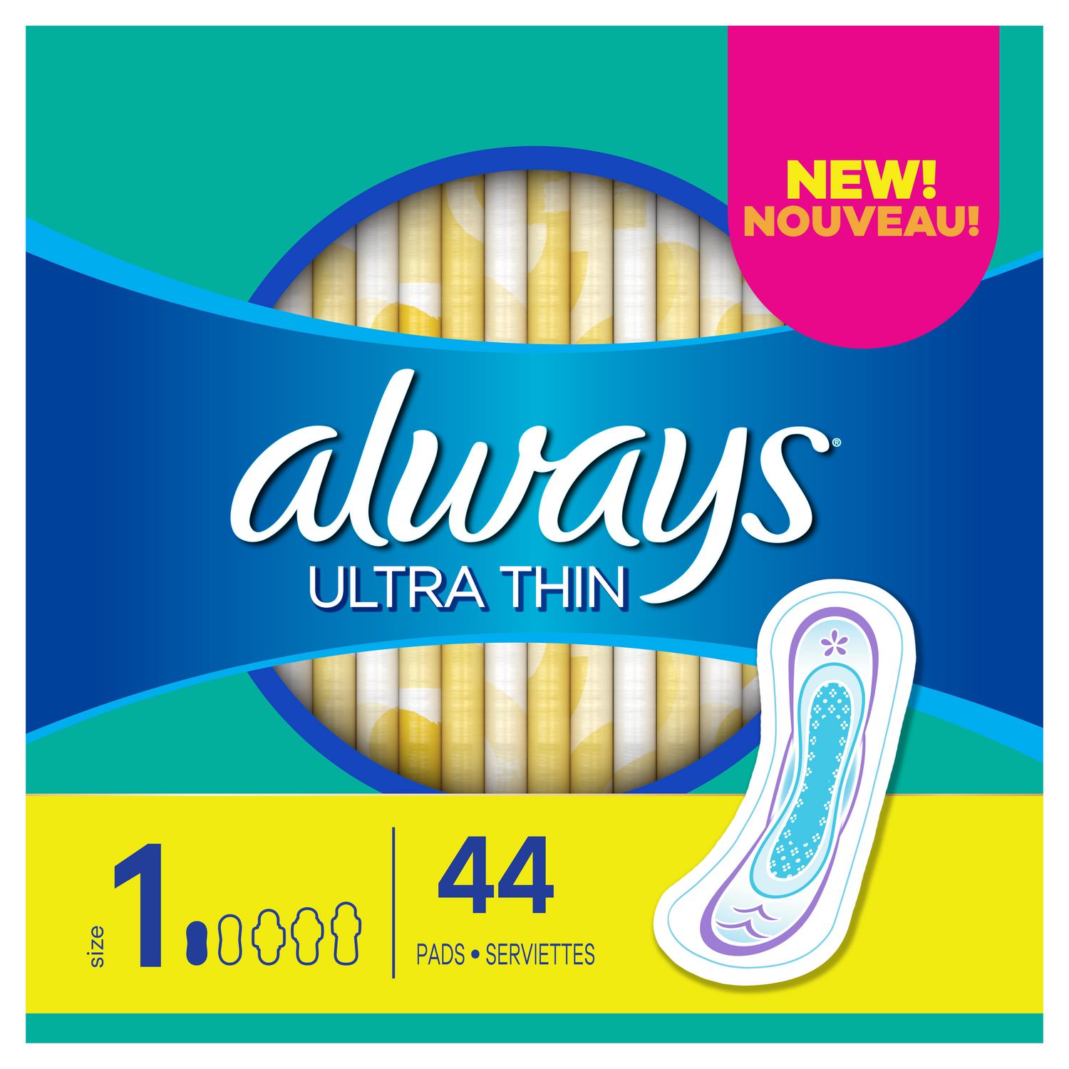 Always Ultra Thin Size 1 Regular Pads, Unscented - 44 pads