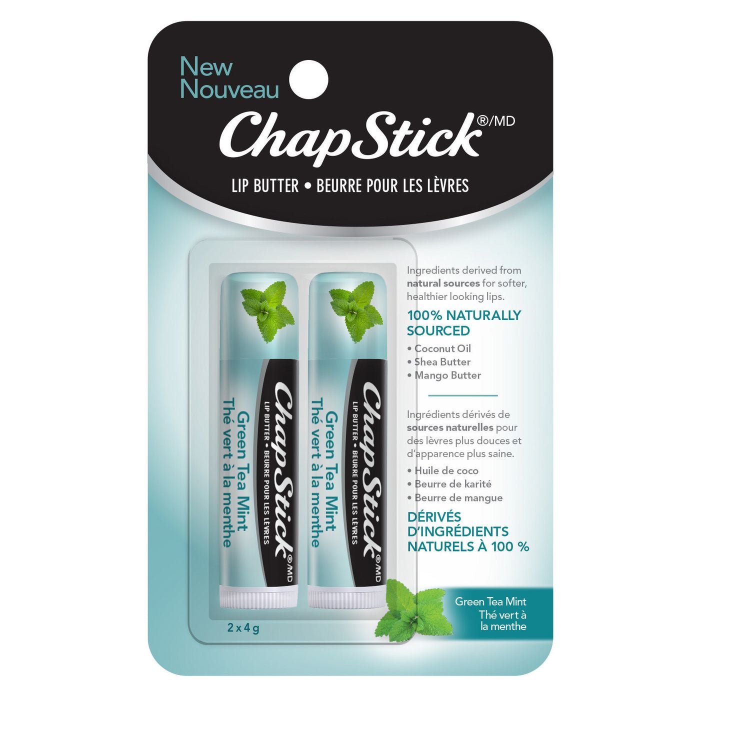 ChapStick Lip Butter, 100% Naturally Sourced, Green Tea Mint - 4x2g