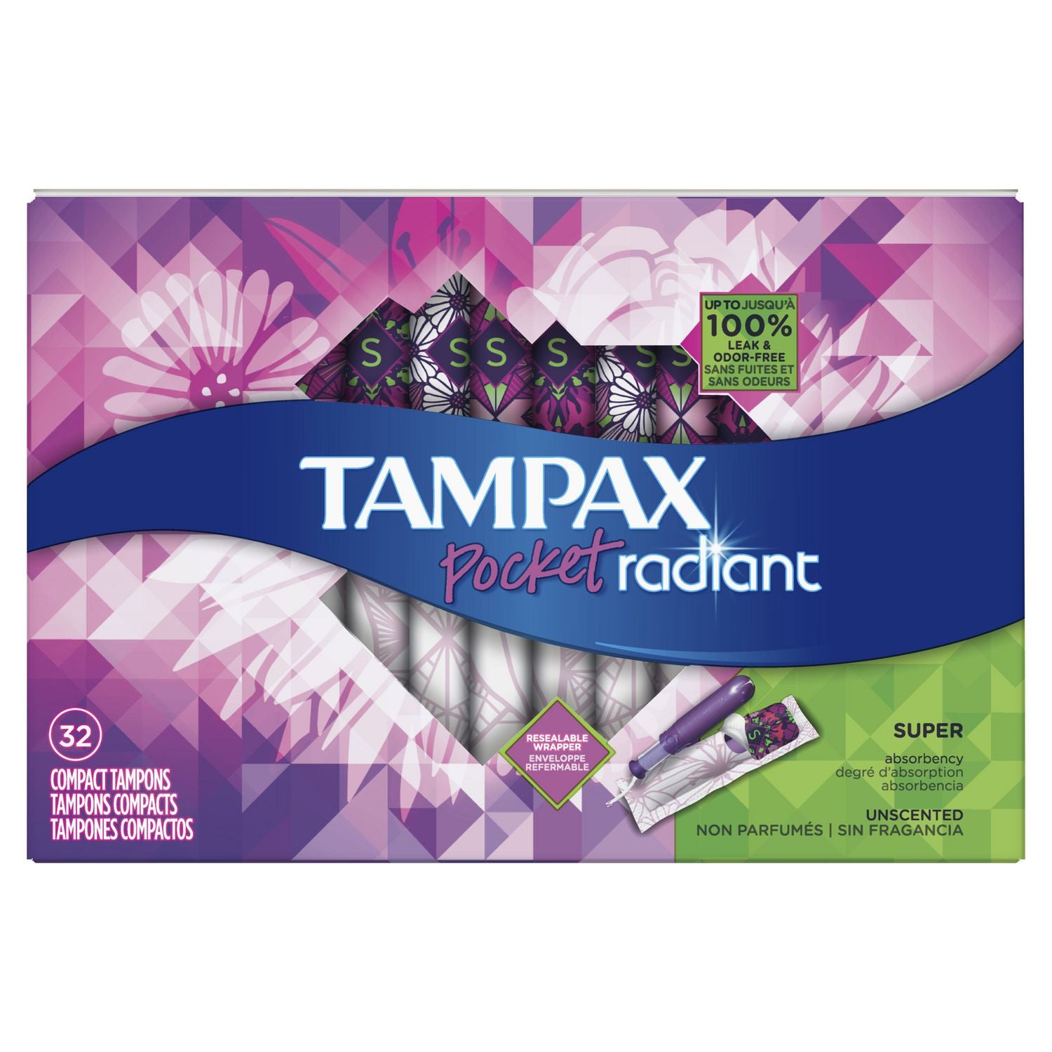 Tampax Pocket Radiant Super Absorbency Tampons, Unscented - 32 tampons