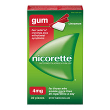 Load image into Gallery viewer, Nicorette Gum, Stop Smoking Aid, For Those Who Smoke More Than 25 Cigarettes or Less A Day, 4 mg,Cinnamon - 30 pieces
