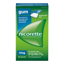 Load image into Gallery viewer, Nicorette Gum, Stop Smoking Aid, For Those Who Smoke More Than 25 Cigarettes or Less A Day, 4 mg Extreme Chill Mint- 30 pieces

