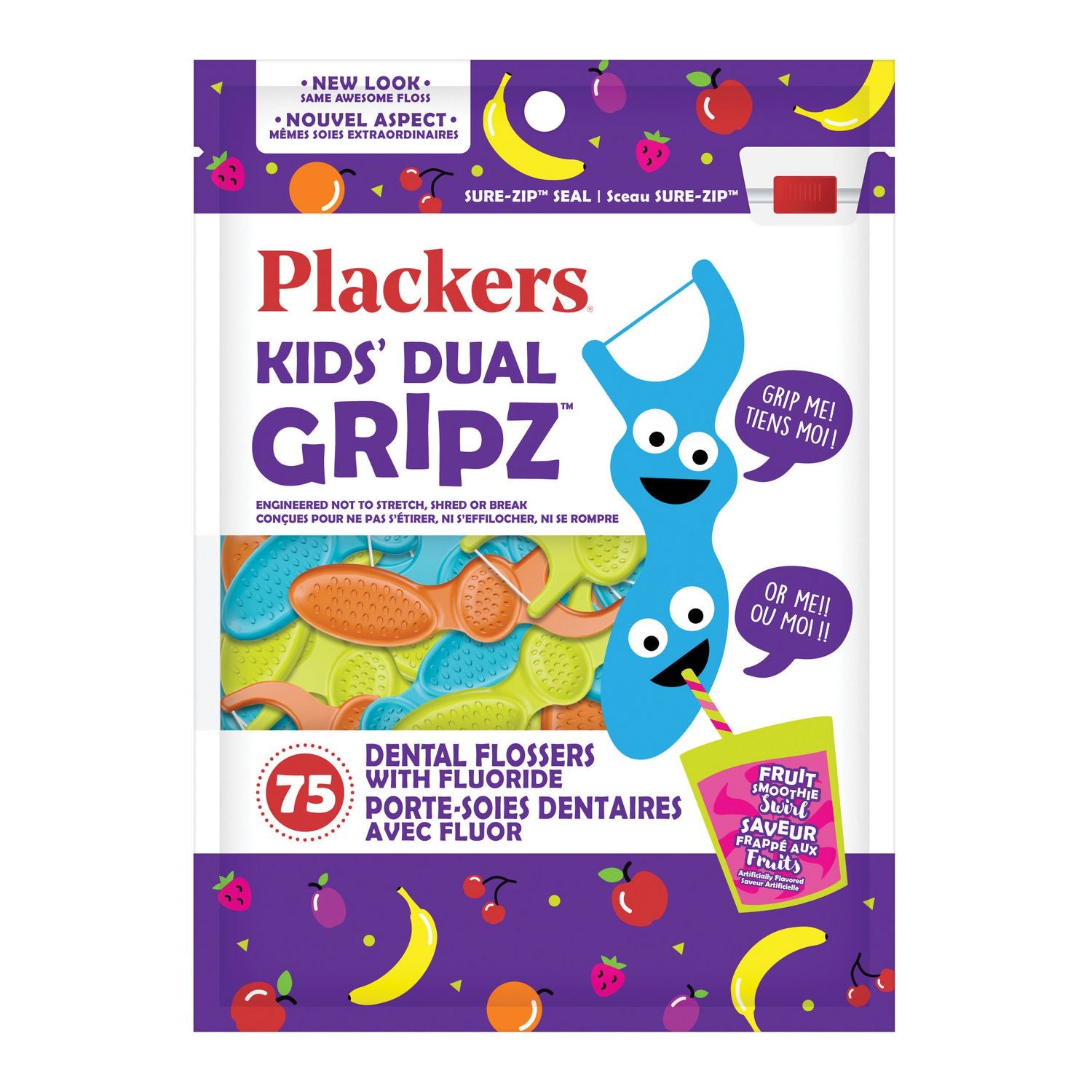 Plackers Kid's Dual Grip Fruit Smoothie Swirl Dental Floss - 75 units