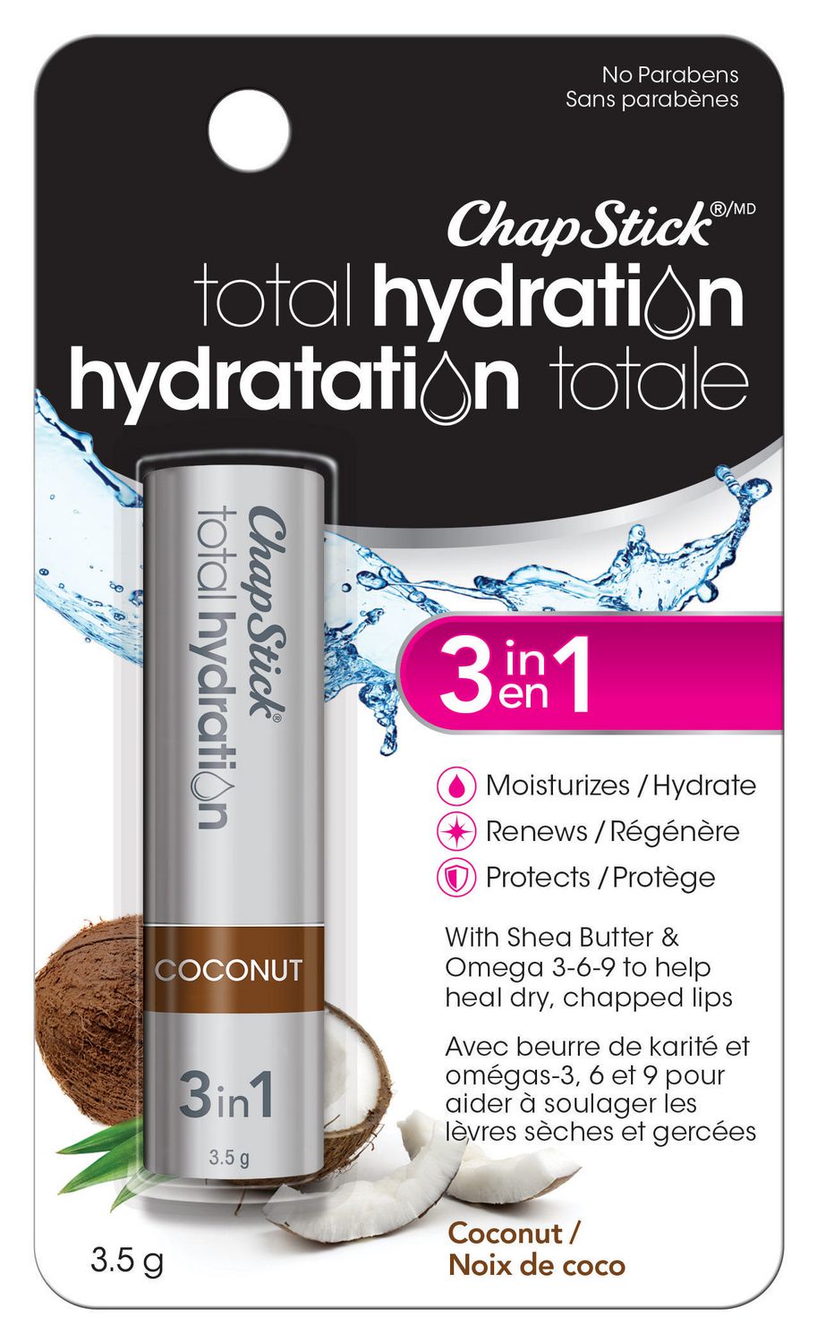 ChapStick Total Hydration, With Shea Butter and Omega 3-6-9, 3 in 1, Coconut - 3.5 g