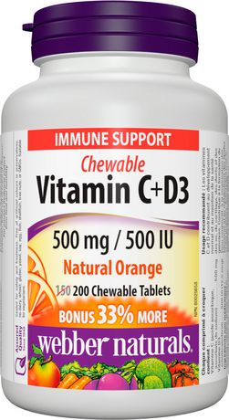 Webber Naturals Vitamin C 500 mg + D3 500 IU - 200 chewable tablets