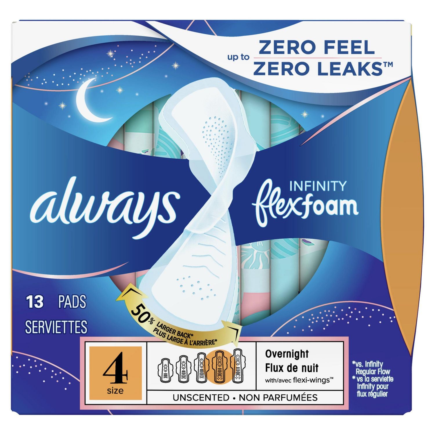 Always Infinity with FlexFoam Size 4 Overnight Pads with Wings, Unscented - 13 pads