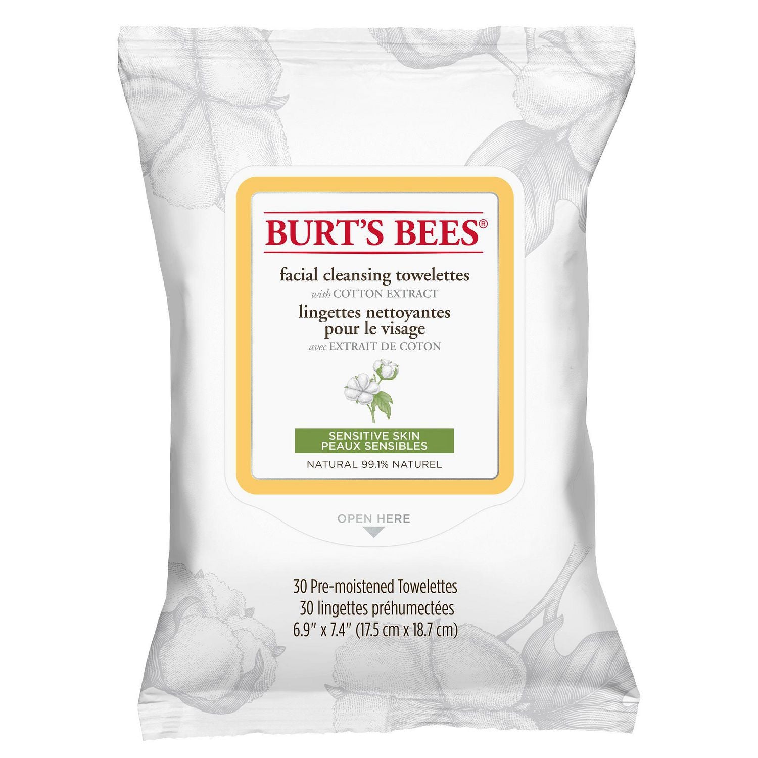 Burt's Bees Sensitive Facial Cleansing Towelettes with Cotton Extract - 30 pre-moistened towelettes