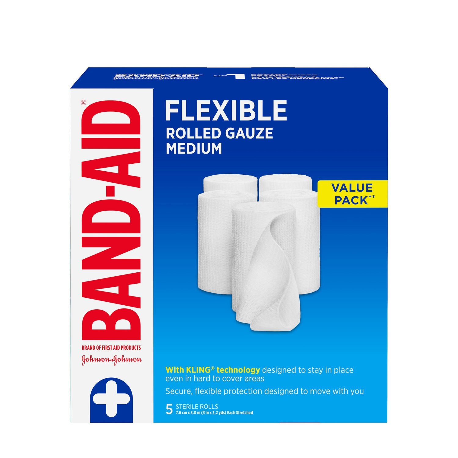 Band-Aid Flexible Rolled Gauze, Medium - 5 sterile rolls