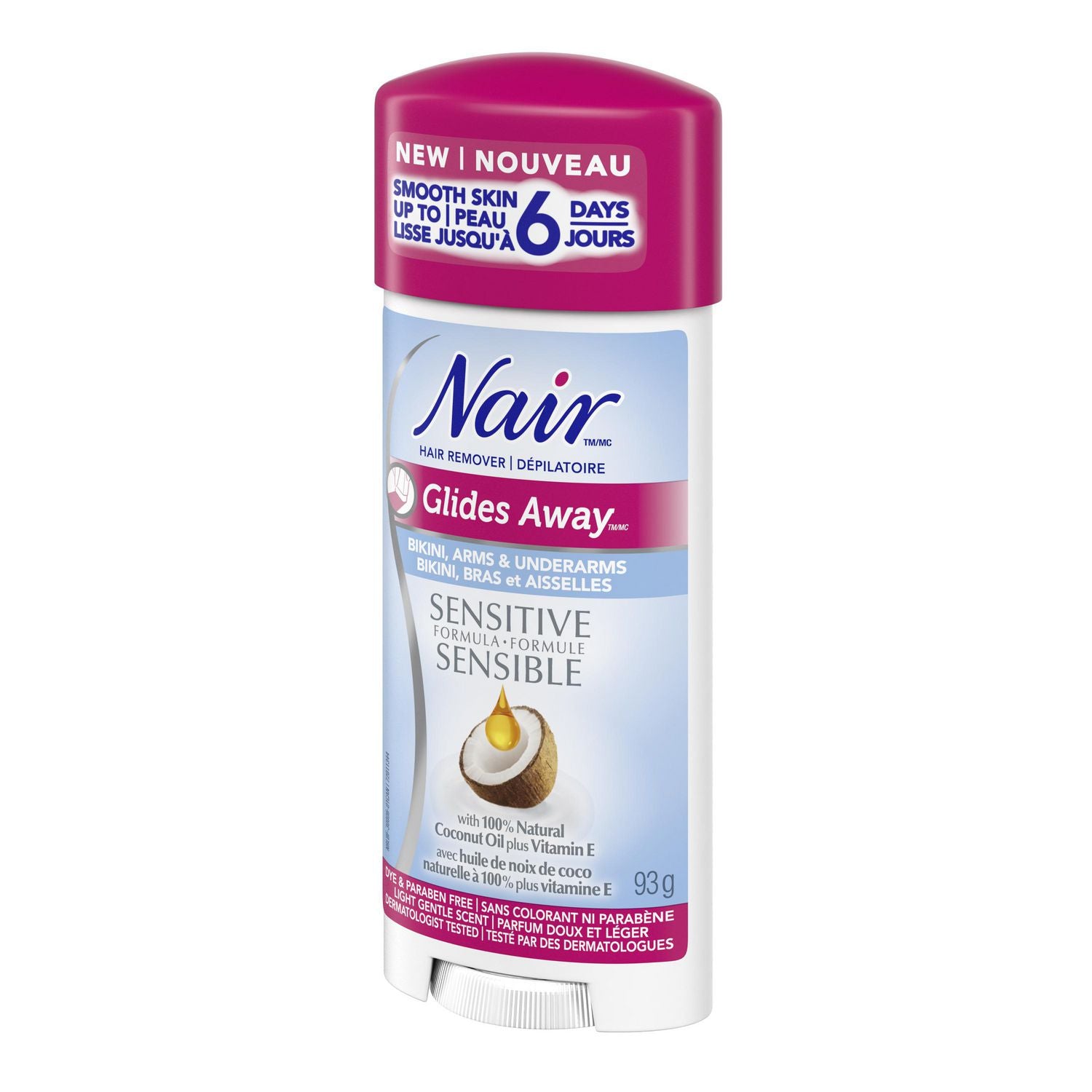 Nair Glides Hair Remover, Glides Away Sensitive Formula for Bikini, Arms & Underarms with 100% Natural Coconut Oil plus Vitamin E - 93 g