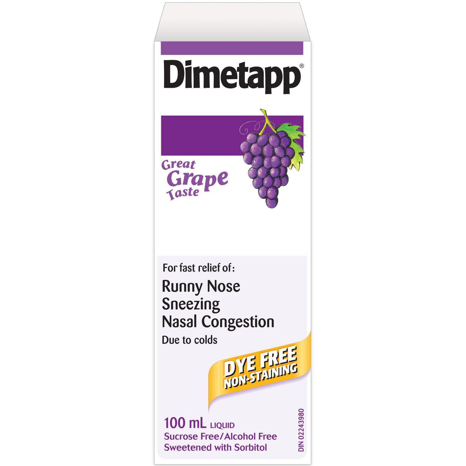 Dimetapp, Dye-Free Liquid, Grape Flavour - 100 ml