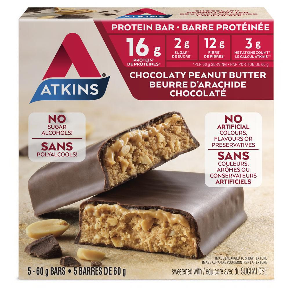 Atkins Protein Bar, Chocolaty Peanut Butter - 5 bars x 60 g