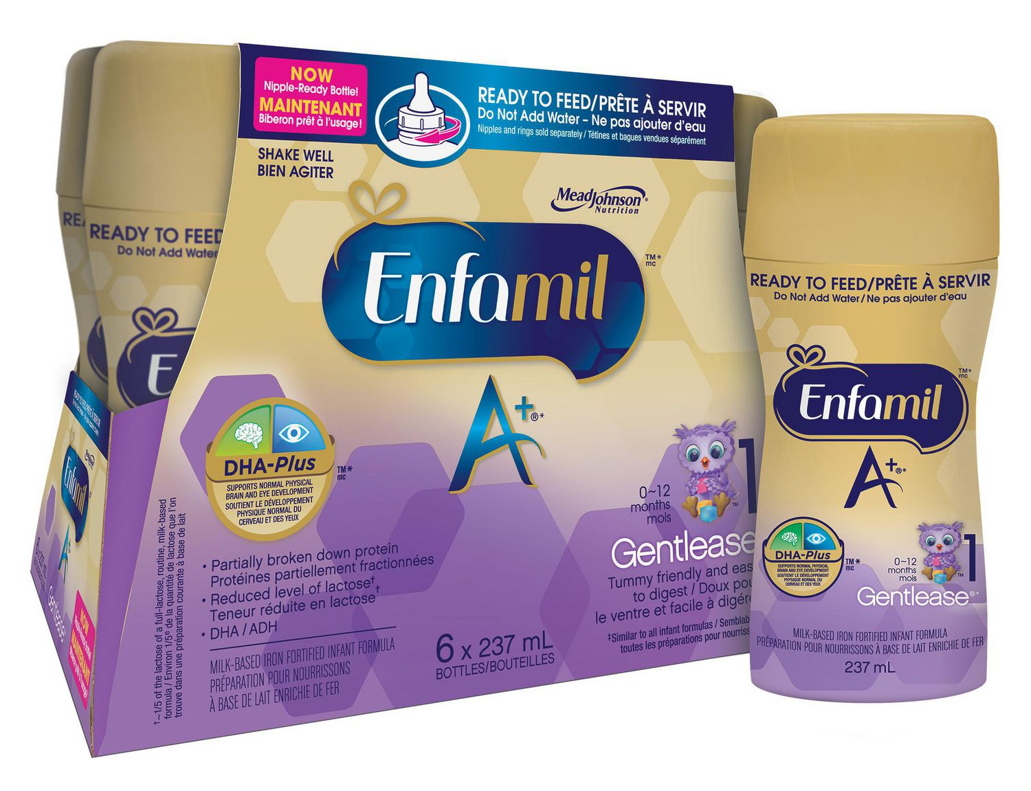 Enfamil A+ Gentlease (0-12 months) Infant Formula, Nipple-Ready, Ready-to-Feed Bottles 237 ml each