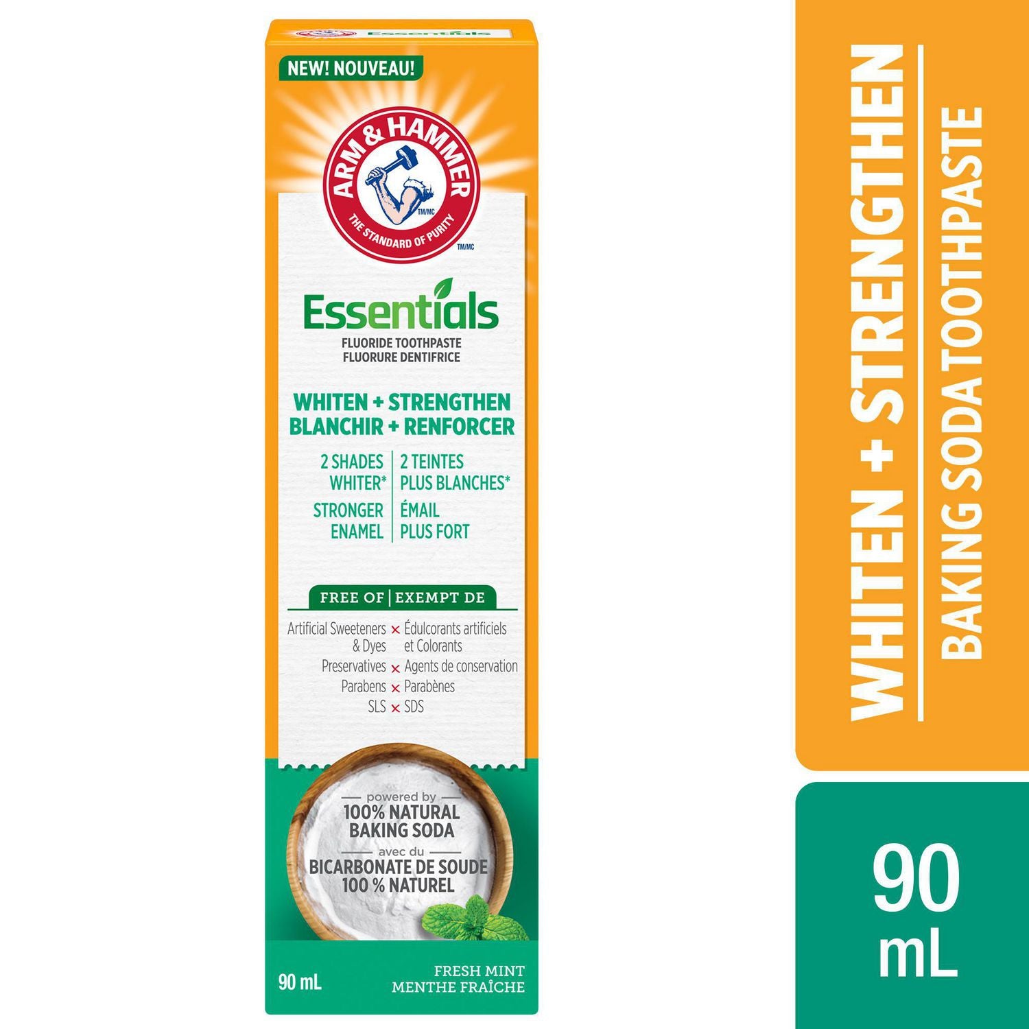 Arm & Hammer Essentials Whiten + Strengthen Toothpaste with Natural Baking Soda, Fresh Mint - 90 ml