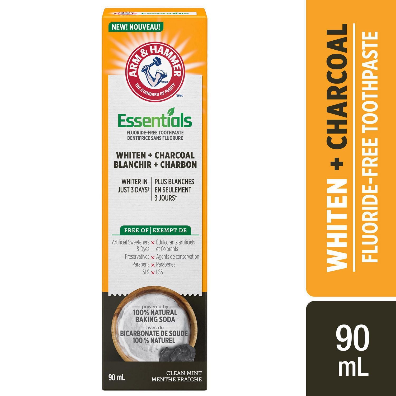 Arm & Hammer Essentials Whiten + Charcoal Fluoride-Free Toothpaste with Natural Baking Soda, Clean Mint - 90 ml