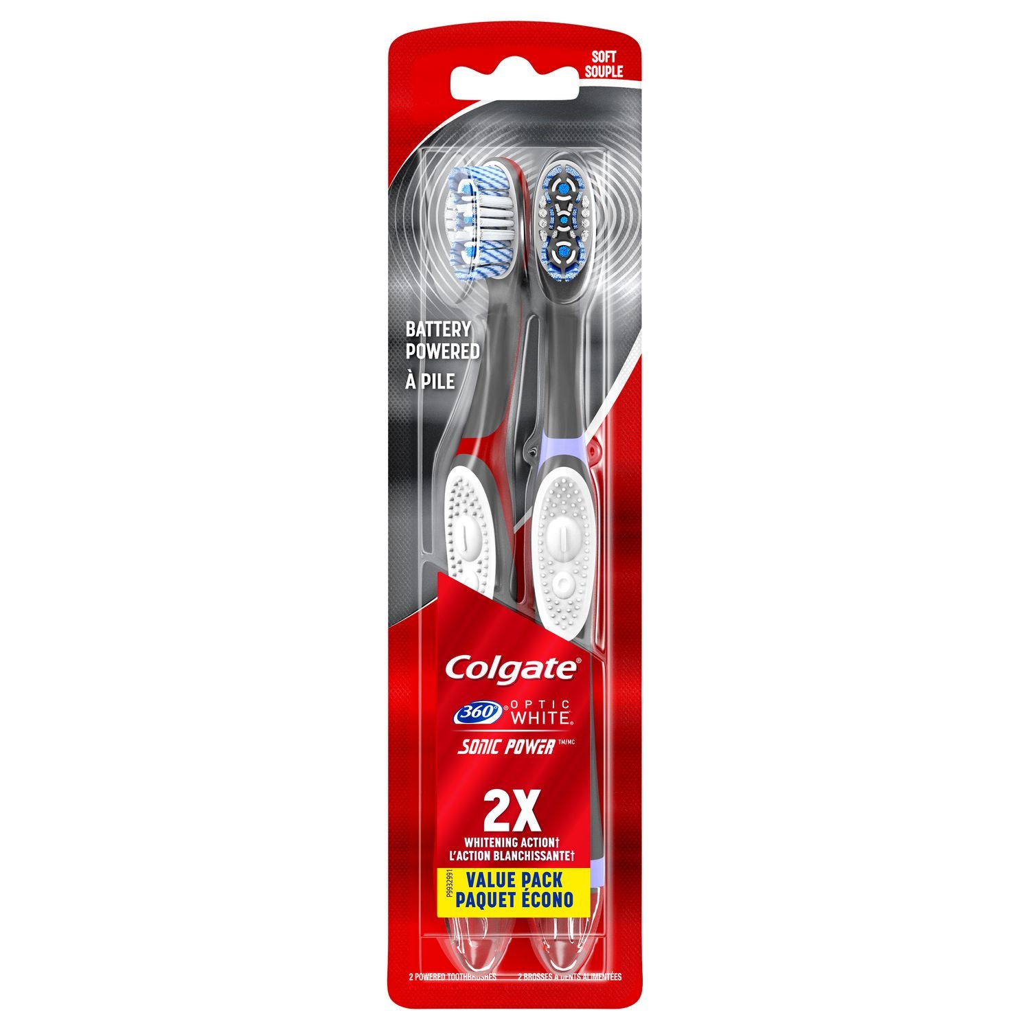Colgate 360° Optic White Sonic Powered Vibrating Toothbrush, Soft - 2 units, 2 AAA batteries