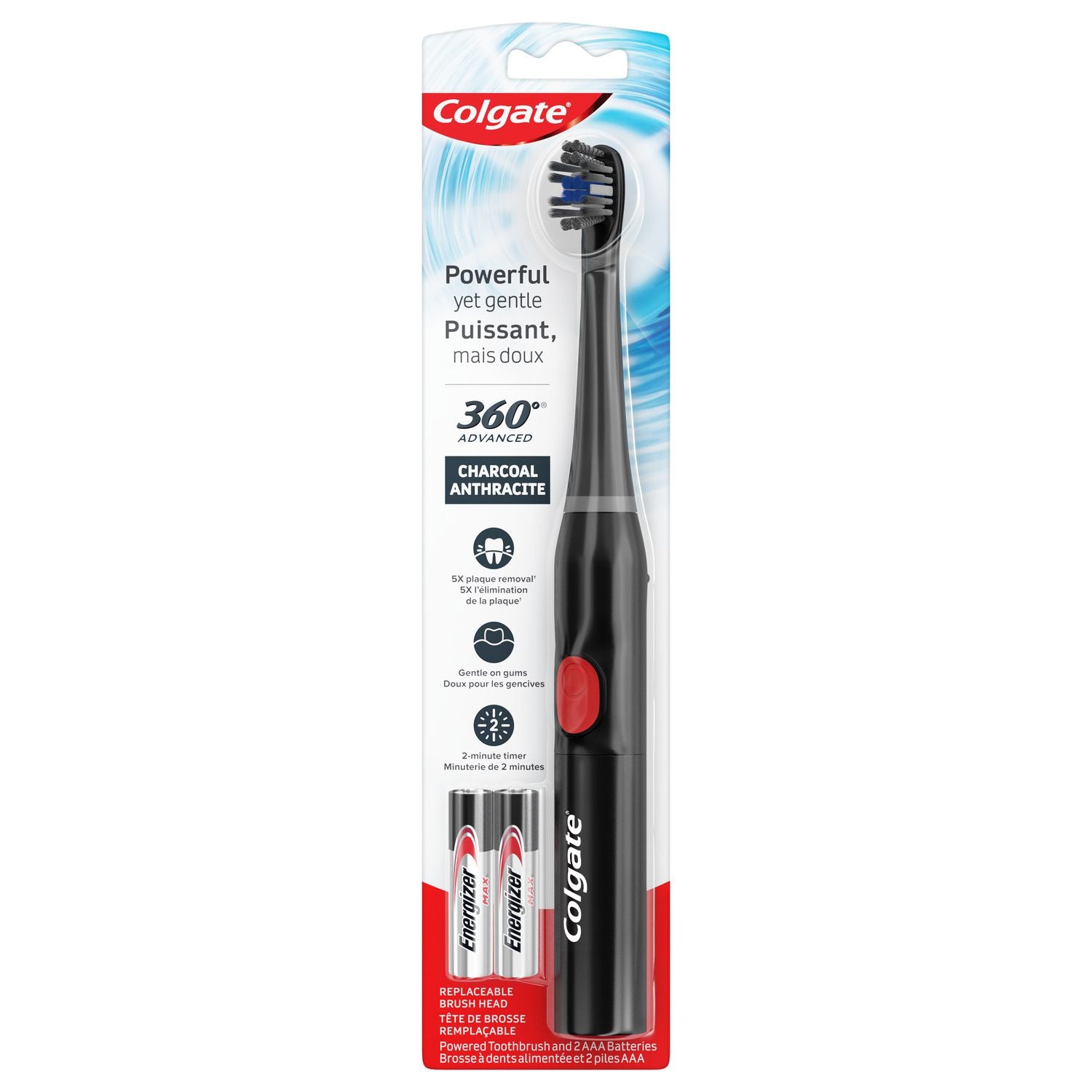 Colgate 360 Advanced Charcoal Battery Powered Toothbrush - 1 handle, 1 bursh head, 2 AAA batteries