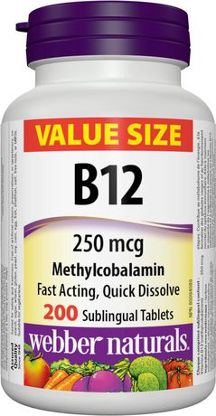 Webber Naturals Vitamin B12 250 mcg Methylcobalamin - 200 sublingual tablets