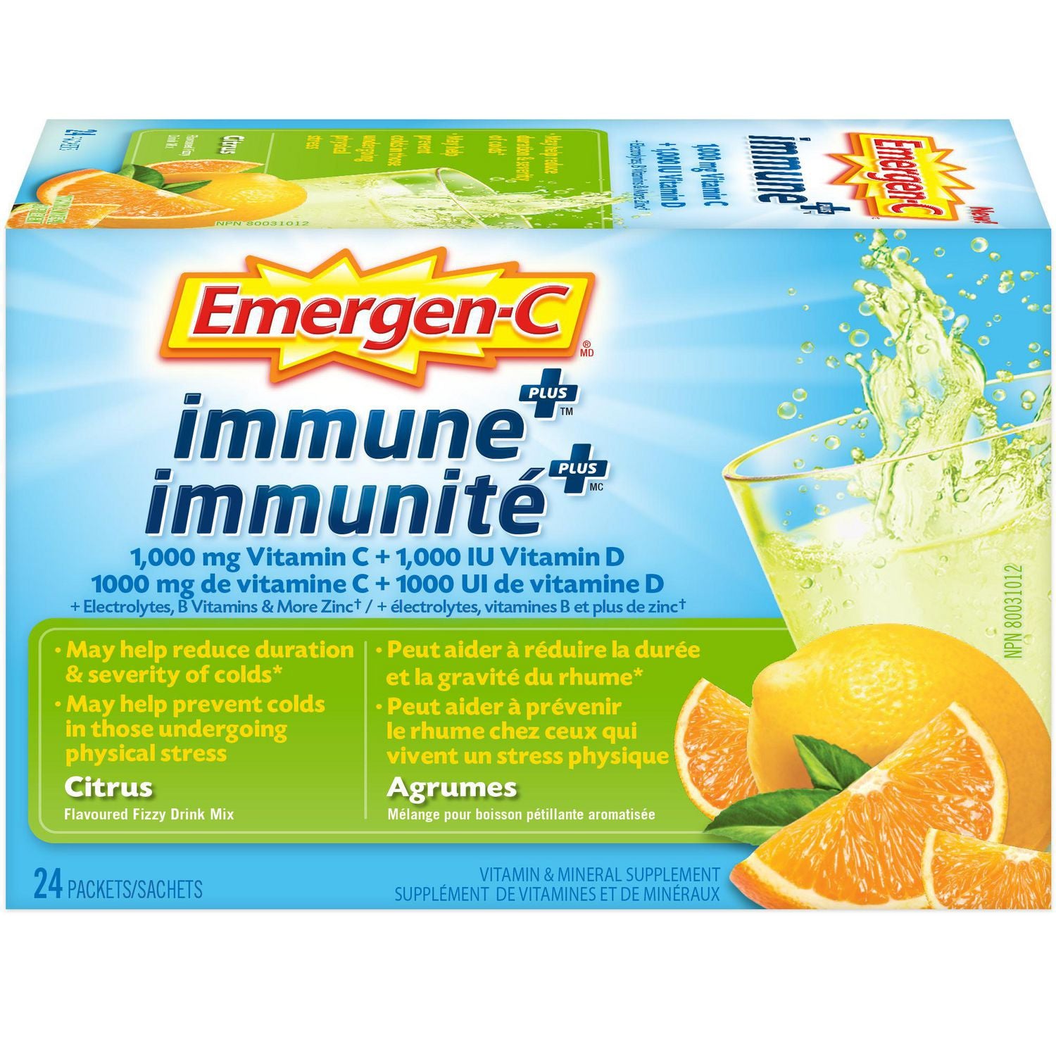 Emergen-C Immune+ 1000 mg Vitamin C + 1000 IU Vitamin D, Citrus - 24 packets