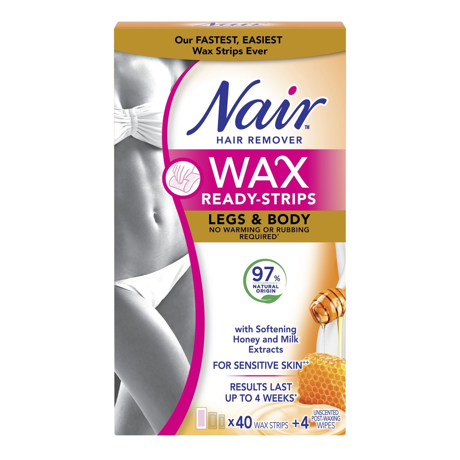 Nair Hair Remover, Wax Ready Strips for Sensitive Skin with Milk & Honey - 40 wax strips, 4 unscented post-waxing wipes